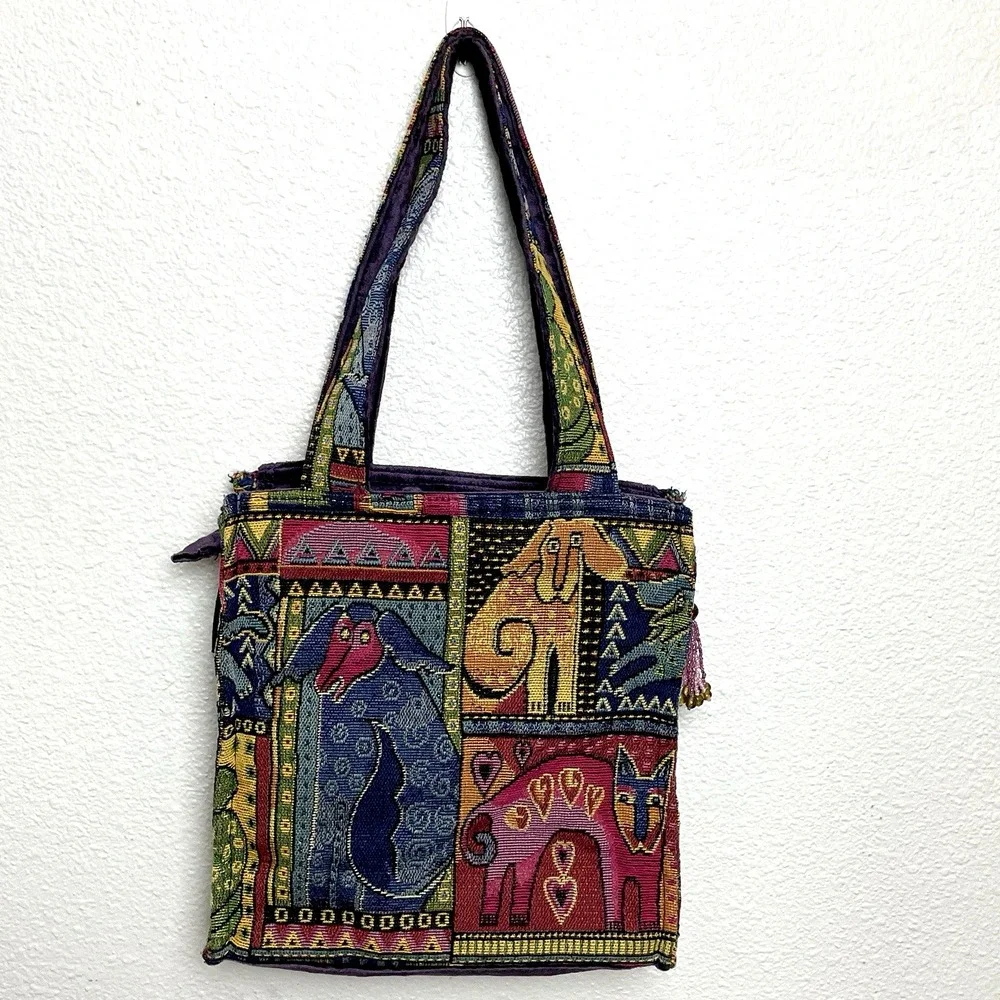 Laurel Burch Tapestry Cats Dogs Sequins Shoulder Bag‎ Purse Tote
